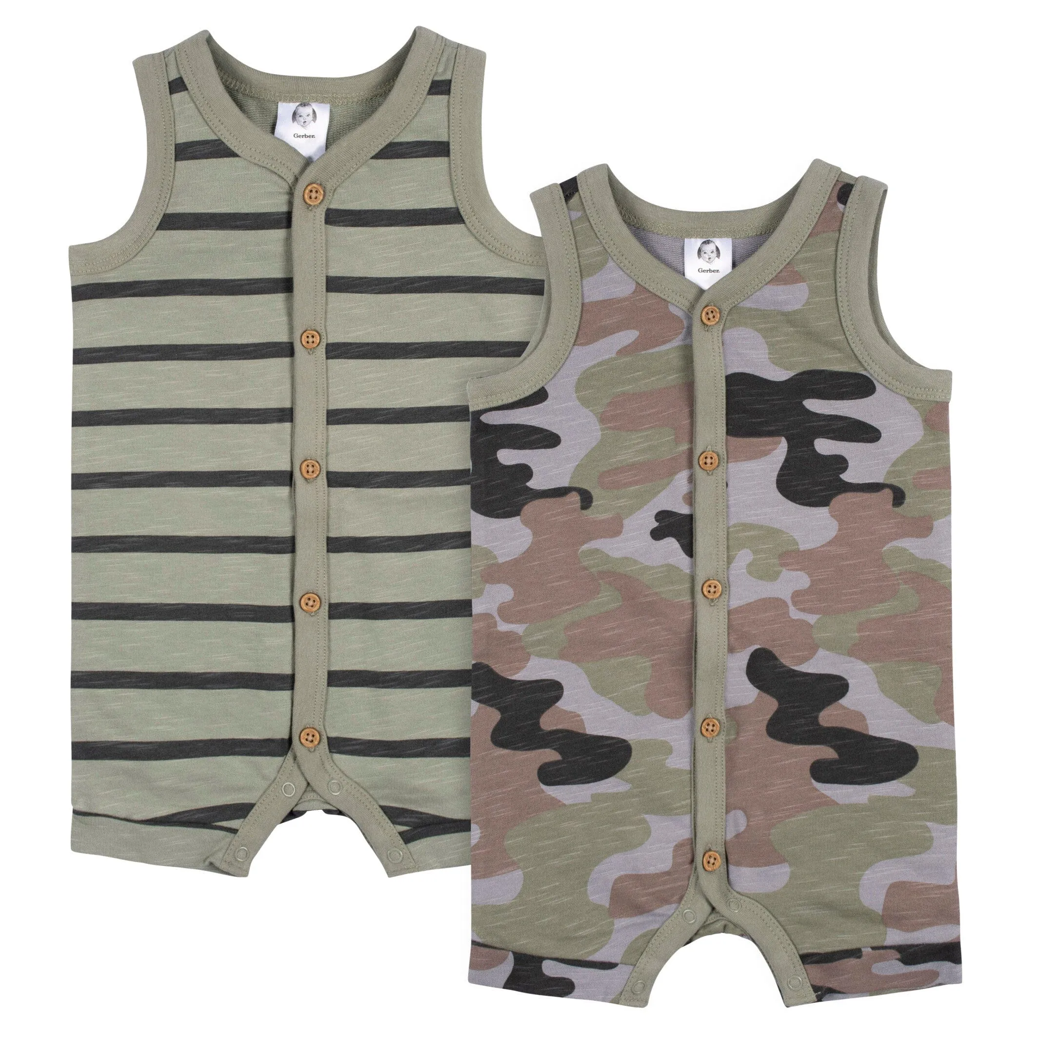 2-Pack Baby Boys Camo & Striped Short Leg Sleeveless Romper