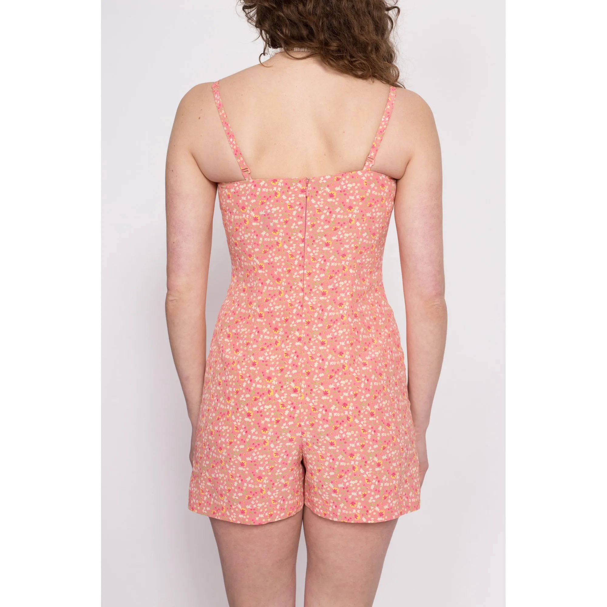 90s Peach Pink Calico Floral Romper - Extra Small