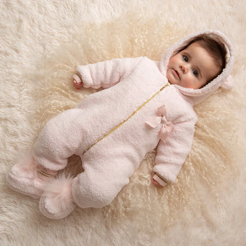 Baby Girls Pink Teddy Fleece Pramsuit