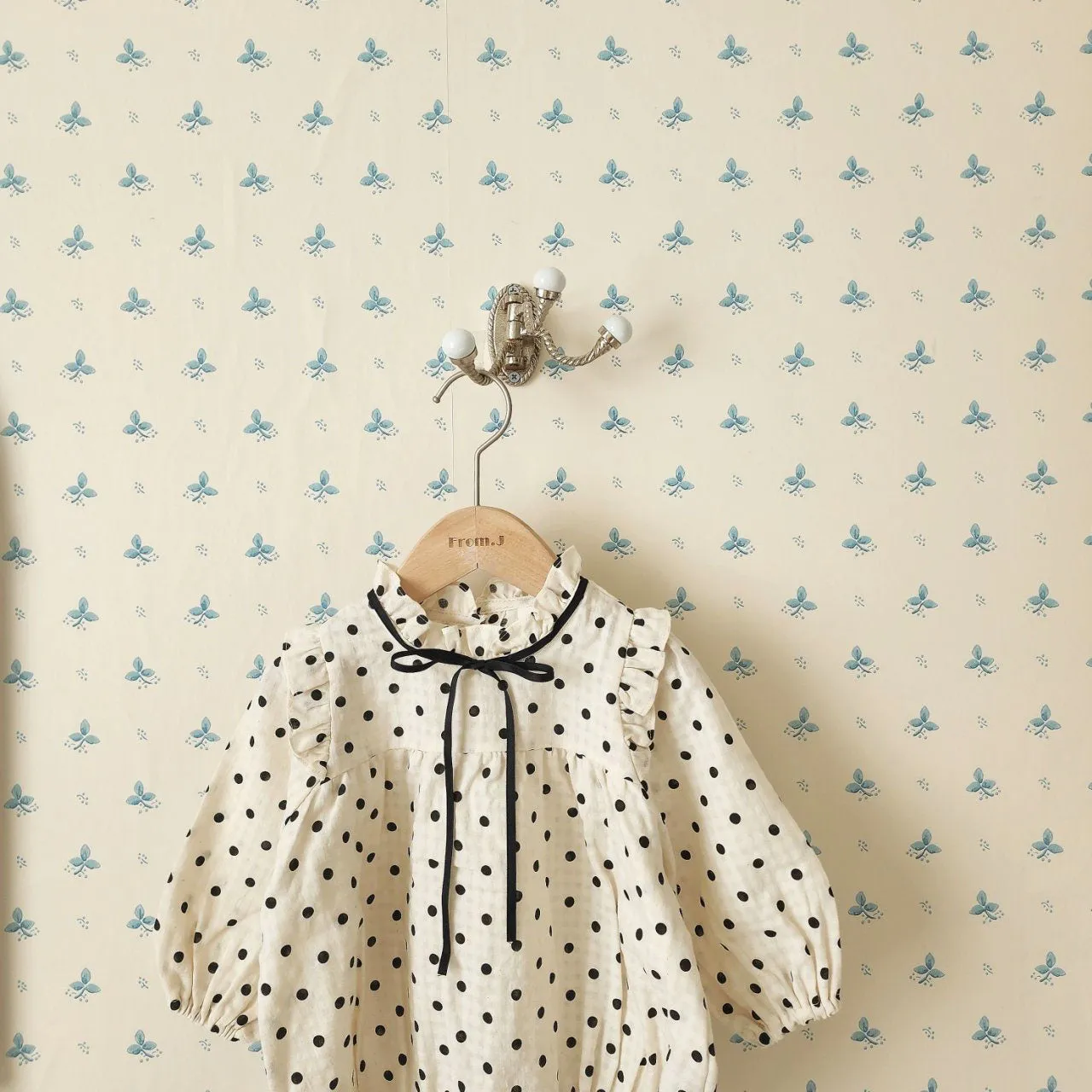 Baby Polka Dot Contrast Tie Neck Romper (3-18m) - Ivory