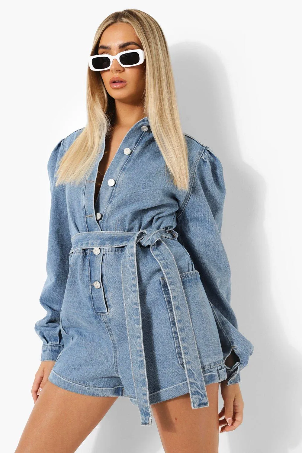 Balloon Sleeve Button Down Boiler Romper