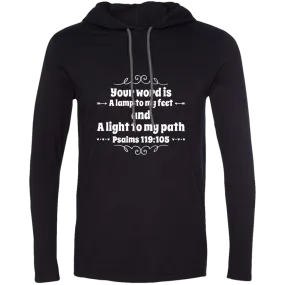 Bible Verse Men Long Sleeve T-Shirt Hoodie - Your Word Is Light To My Path ~Psalm 119:105~ Design 1 (White Font)