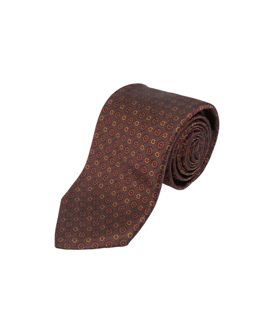 Brown With Maroon And Gold Small Medallion Silk Necktie | He Spoke Style