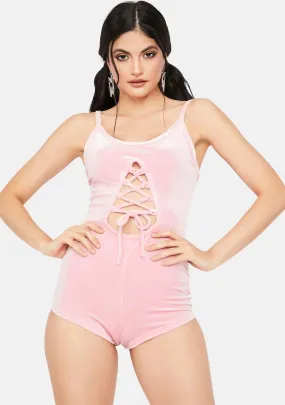 Changing Perspectives Pink Velour Lace Up Romper-