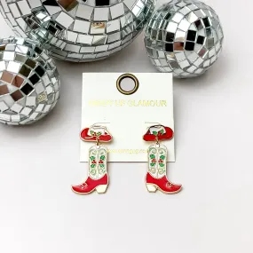 Christmas Cowboy Hat and Boot Drop Earrings in White and Red