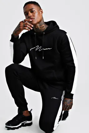 Contrast Panel Tracksuit With White Man Embroidery | boohooMAN UK