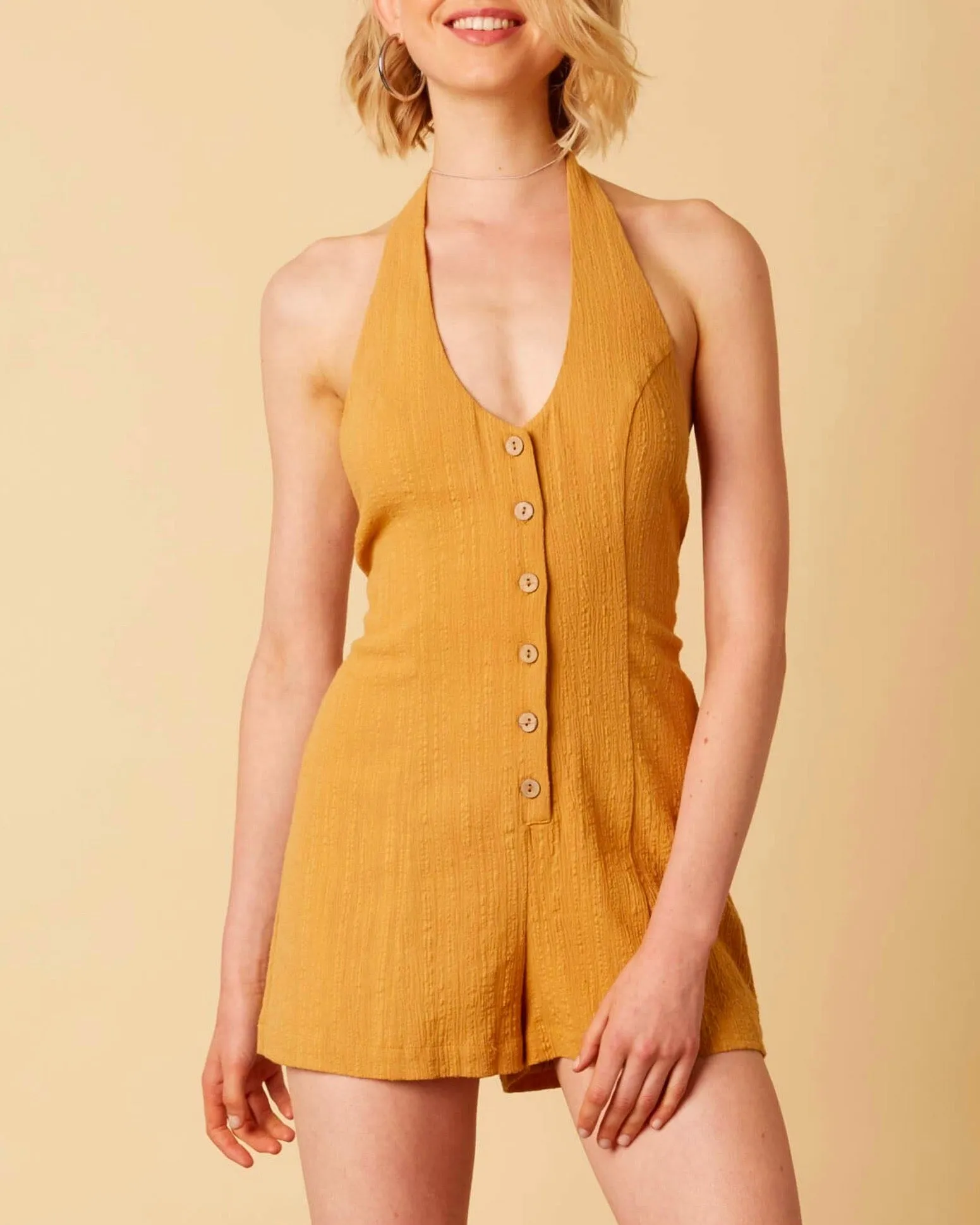 Cotton Candy - Fairgrounds Linen Romper in Dijon Mustard