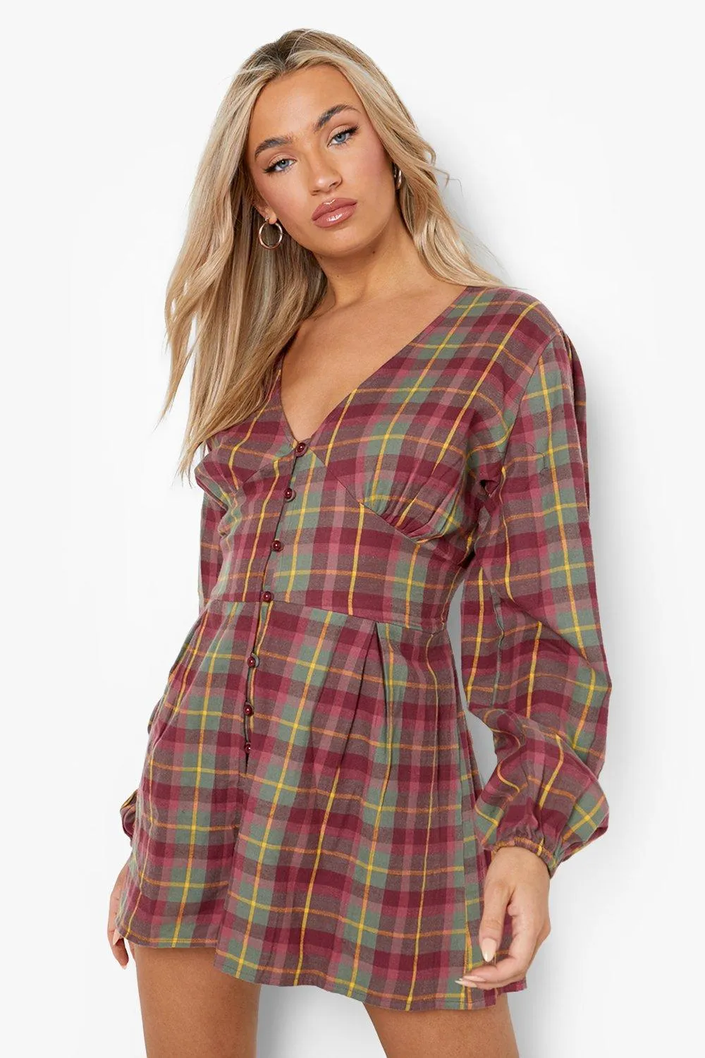 Flannel Button Detail Puff Sleeve Romper