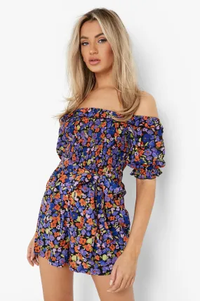 Floral Off The Shoulder Belted Romper