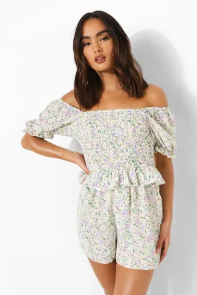 Floral Off The Shoulder Shirred Bust Romper