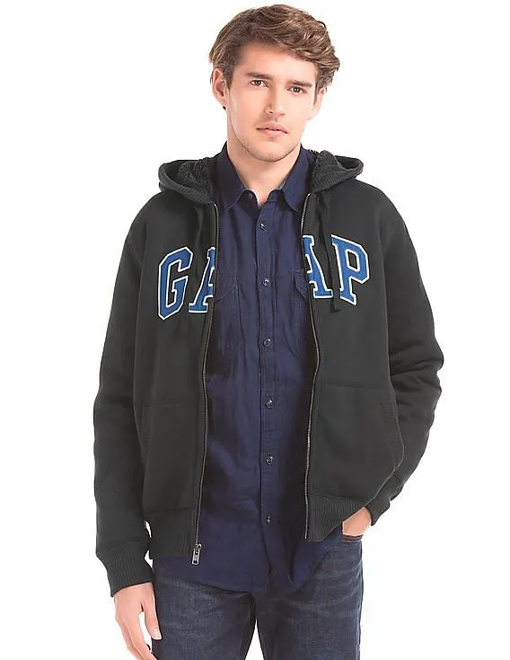 GAP Men Black Logo Sherpa Zip Hoodie