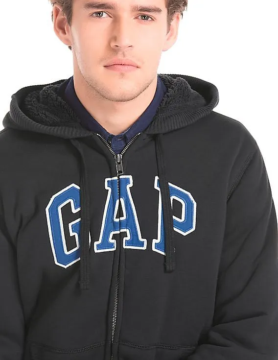 GAP Men Black Logo Sherpa Zip Hoodie