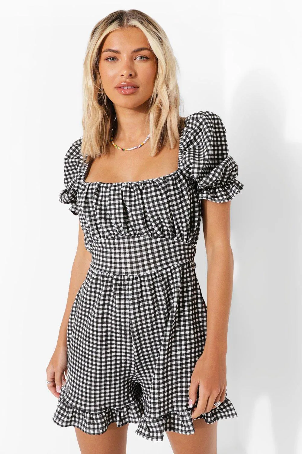 Gingham Puff Sleeve Frill Hem Romper