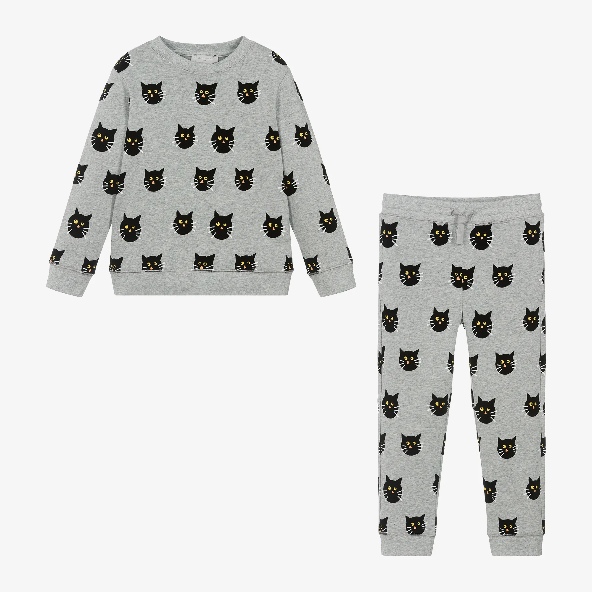 Girls Grey Cotton Cat Print Tracksuit