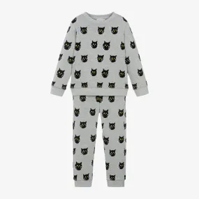 Girls Grey Cotton Cat Print Tracksuit