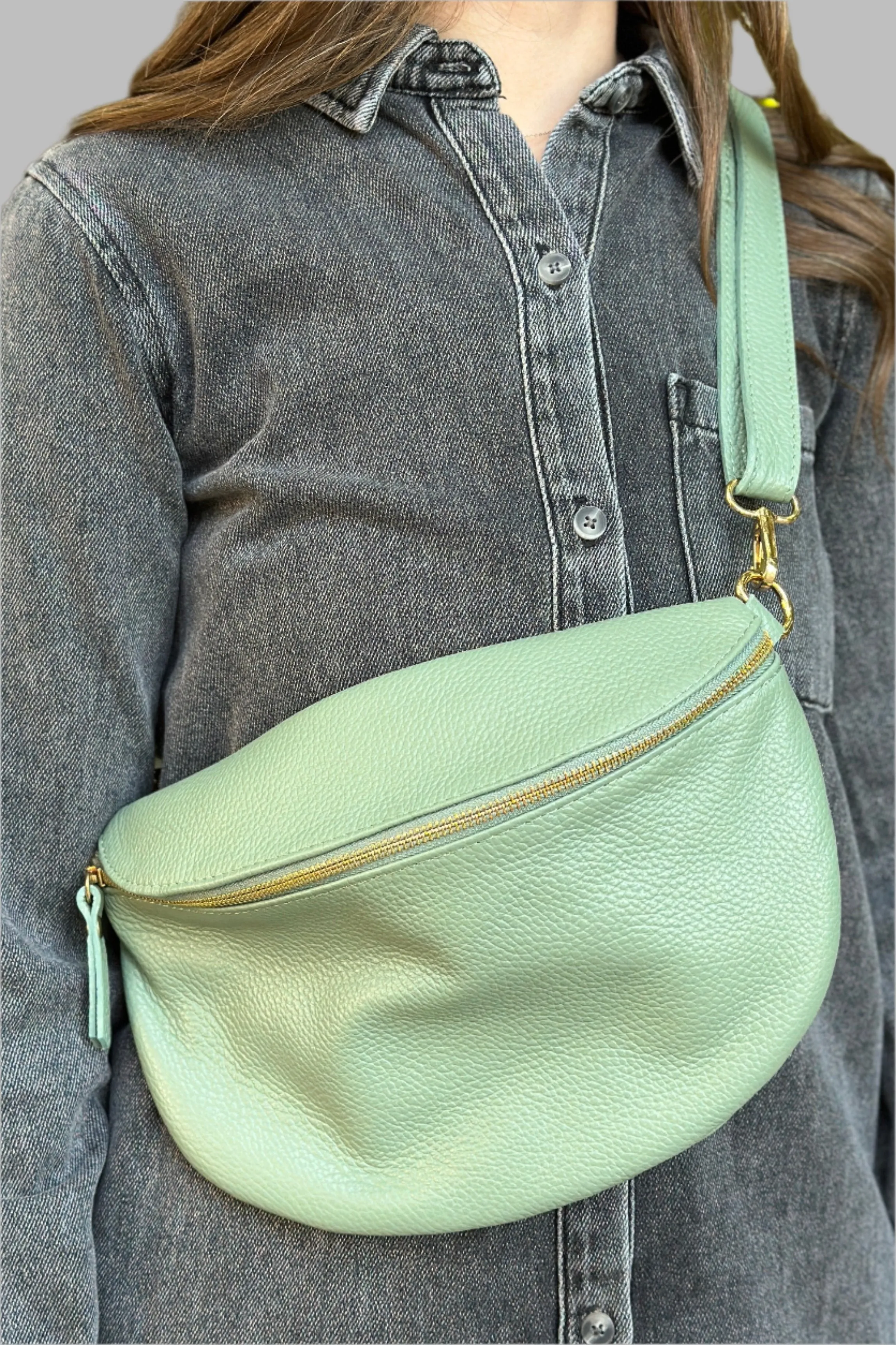 Italian Leather Waist Bag - Sage