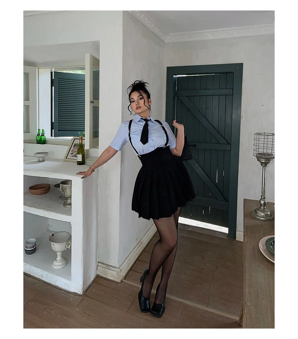 Kiara Plus Size College Style Solid Color Necktie Button Up Shirt + Plus Size Suspender High Waist Short Skirt Matching Set