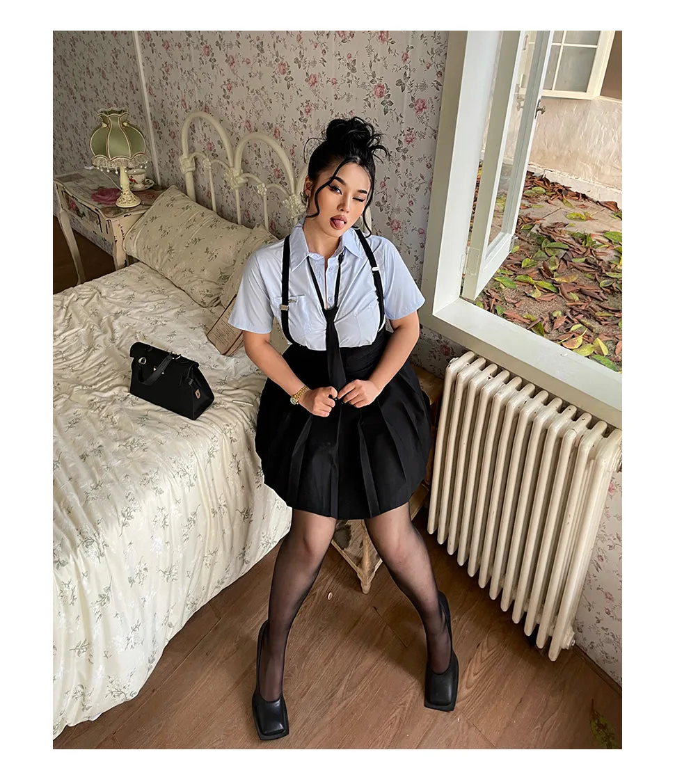 Kiara Plus Size College Style Solid Color Necktie Button Up Shirt + Plus Size Suspender High Waist Short Skirt Matching Set