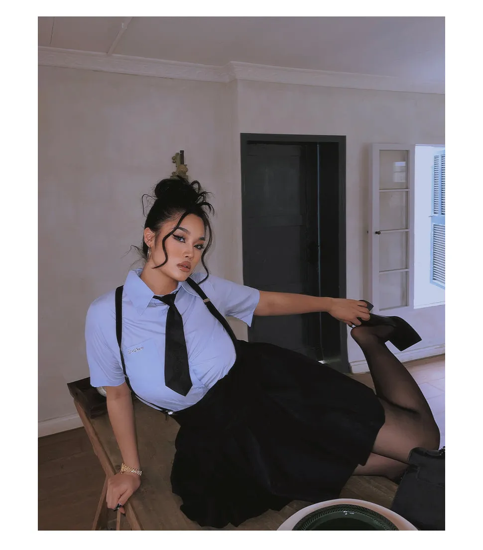 Kiara Plus Size College Style Solid Color Necktie Button Up Shirt + Plus Size Suspender High Waist Short Skirt Matching Set