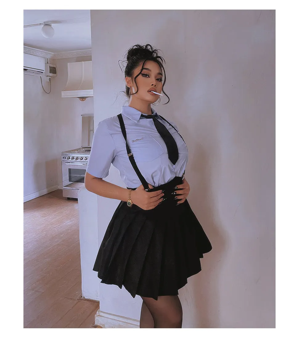 Kiara Plus Size College Style Solid Color Necktie Button Up Shirt + Plus Size Suspender High Waist Short Skirt Matching Set