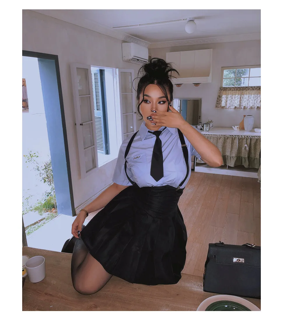 Kiara Plus Size College Style Solid Color Necktie Button Up Shirt + Plus Size Suspender High Waist Short Skirt Matching Set