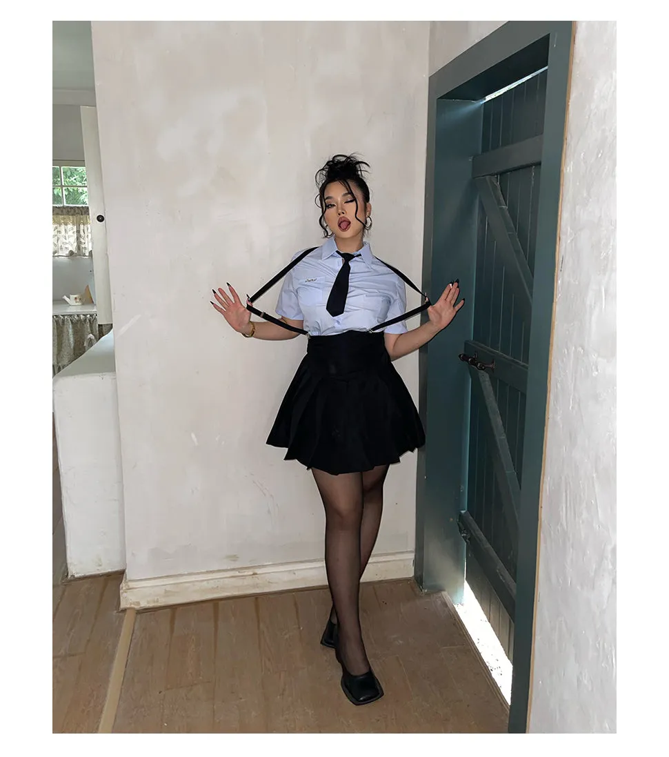 Kiara Plus Size College Style Solid Color Necktie Button Up Shirt + Plus Size Suspender High Waist Short Skirt Matching Set