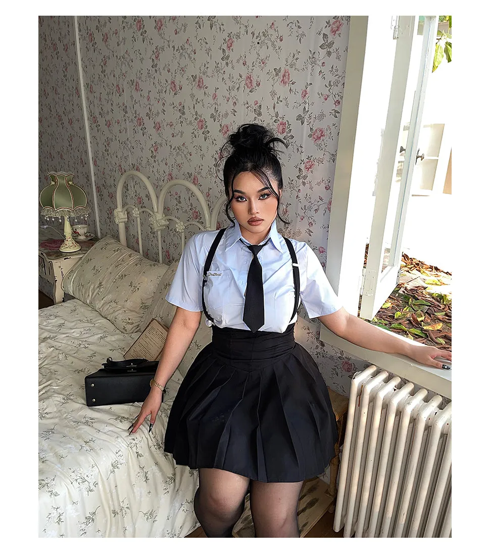 Kiara Plus Size College Style Solid Color Necktie Button Up Shirt + Plus Size Suspender High Waist Short Skirt Matching Set