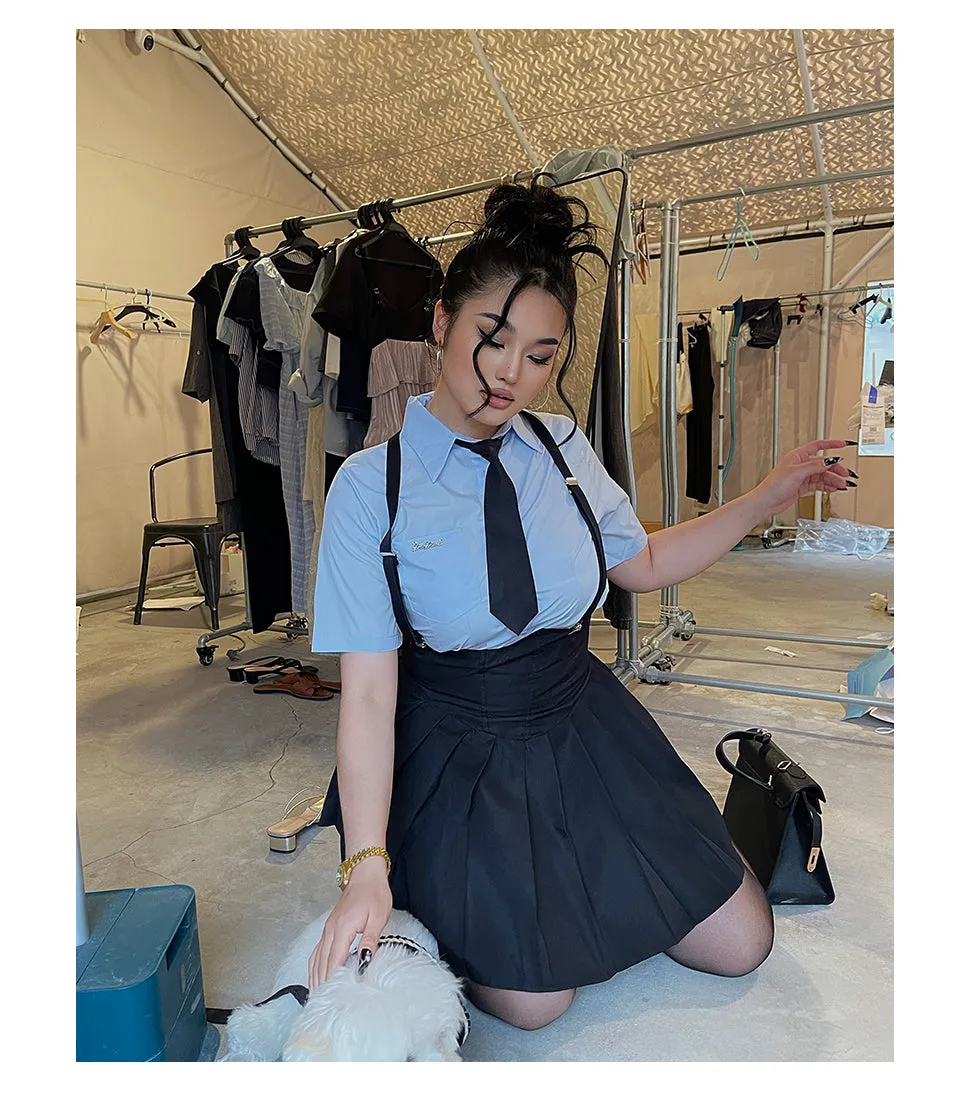 Kiara Plus Size College Style Solid Color Necktie Button Up Shirt + Plus Size Suspender High Waist Short Skirt Matching Set