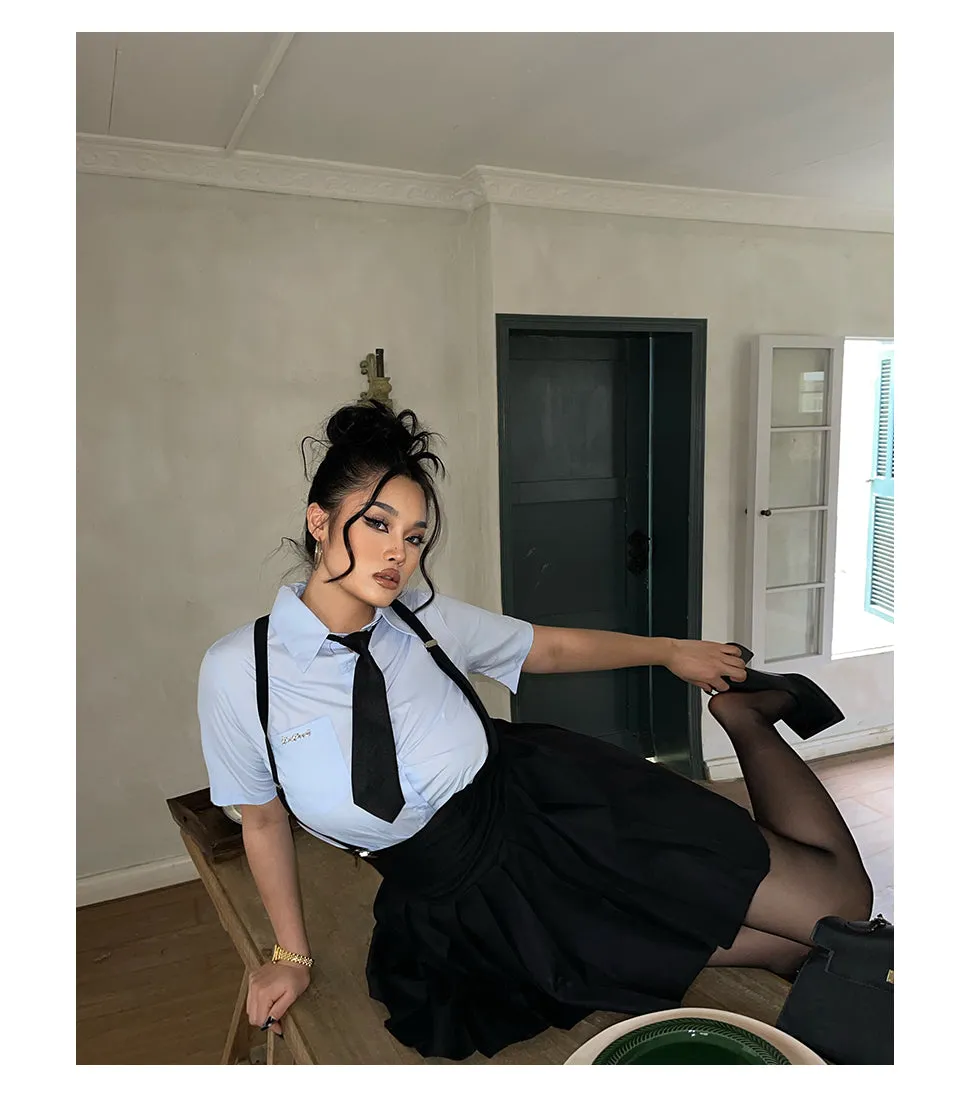 Kiara Plus Size College Style Solid Color Necktie Button Up Shirt + Plus Size Suspender High Waist Short Skirt Matching Set