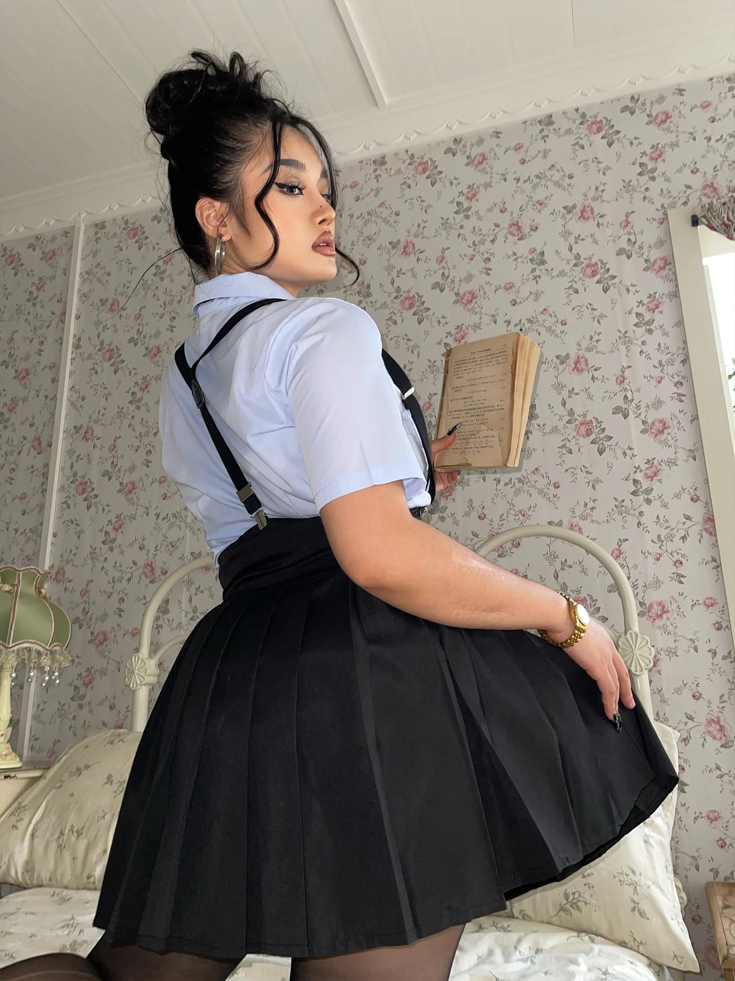 Kiara Plus Size College Style Solid Color Necktie Button Up Shirt + Plus Size Suspender High Waist Short Skirt Matching Set