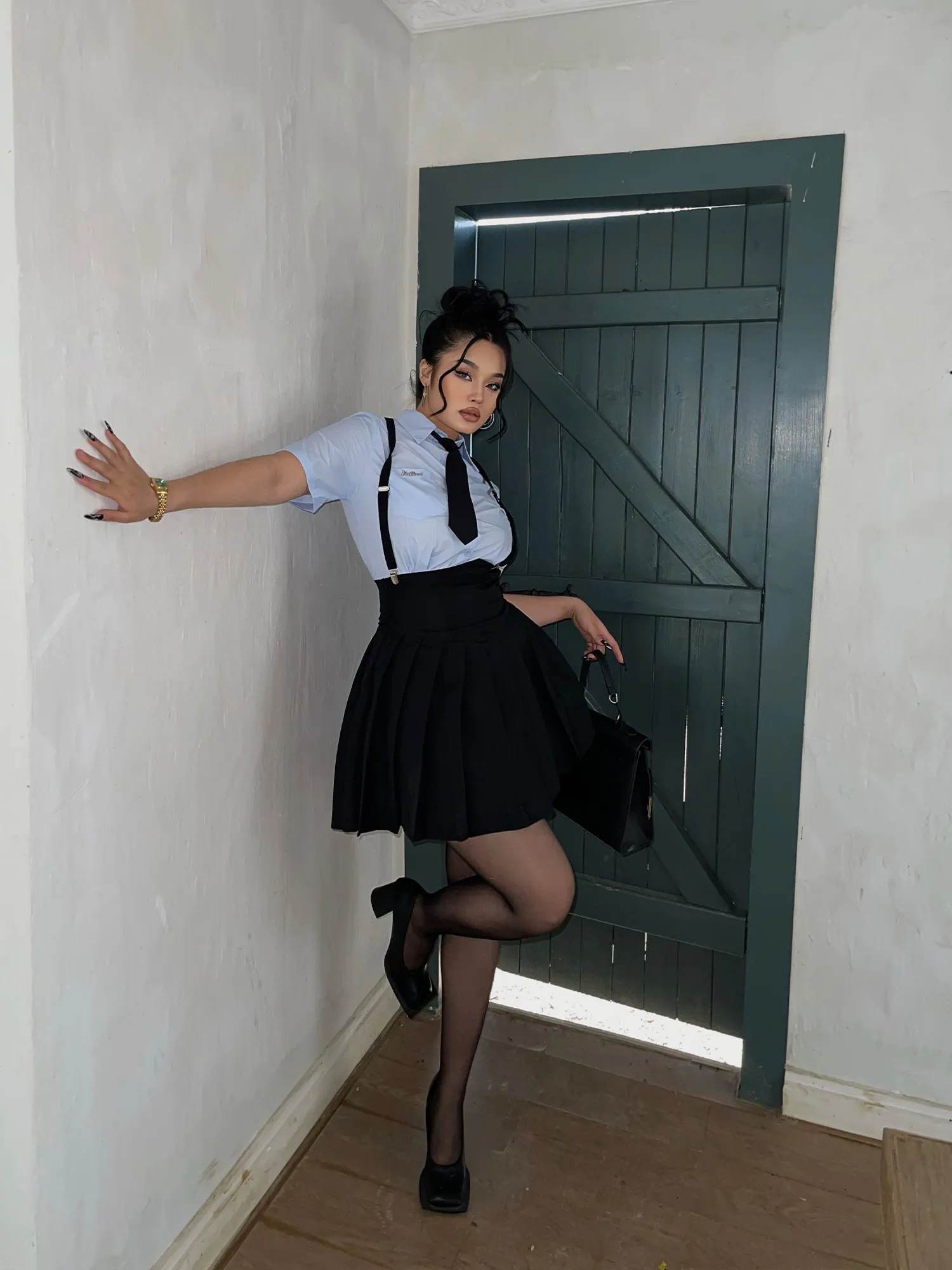 Kiara Plus Size College Style Solid Color Necktie Button Up Shirt + Plus Size Suspender High Waist Short Skirt Matching Set