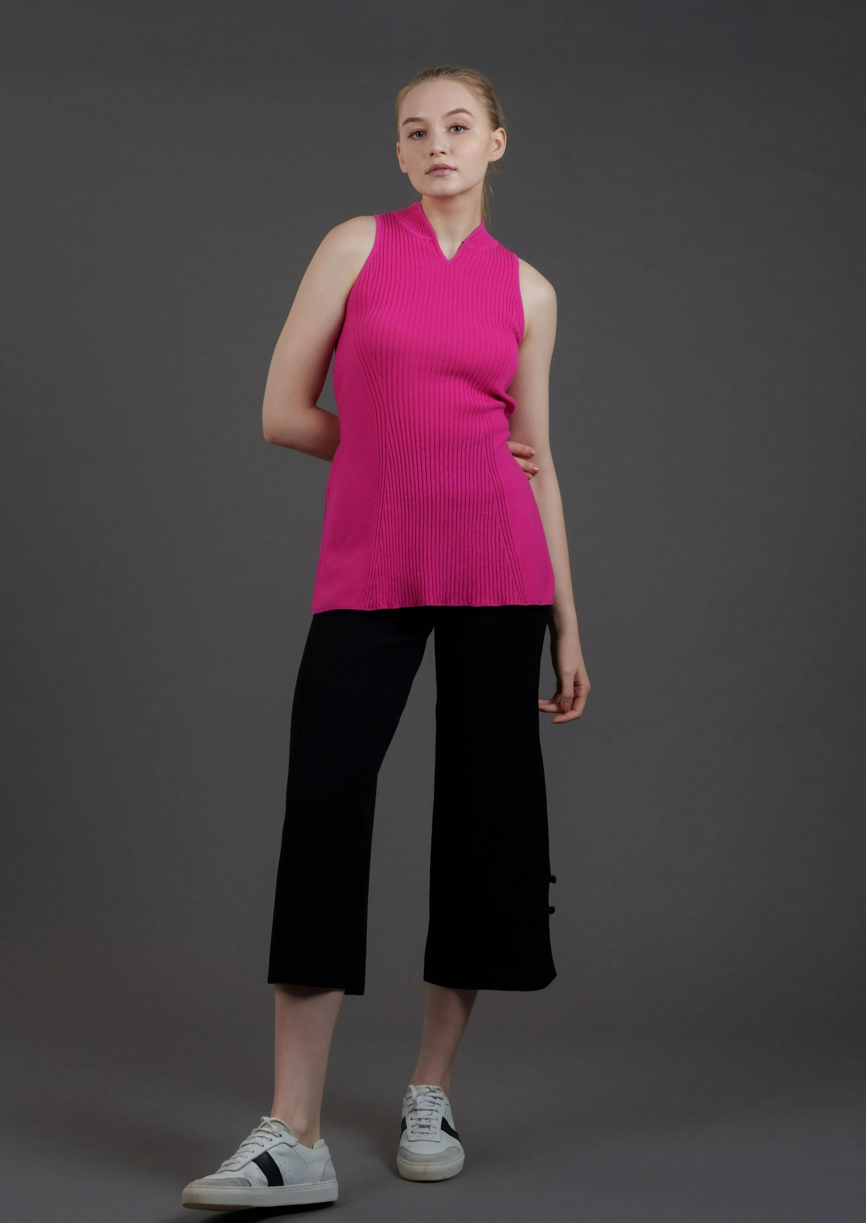 Knitted Qipao Tunic Top (Fuchsia)