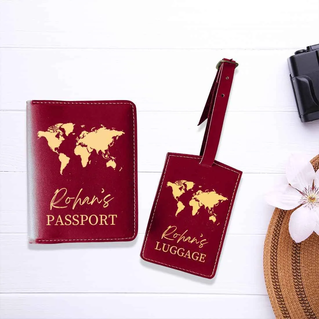 Leather Passport Holder Customized with Name Design Passport Cover and Luggage Tag Set - MAP