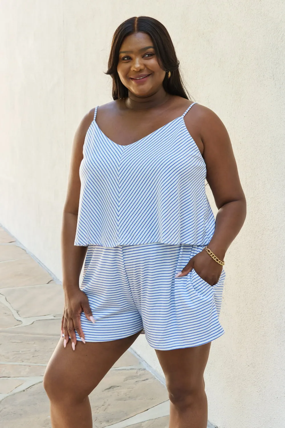 Let It Happen Double Flare Striped Romper in Cobalt Blue