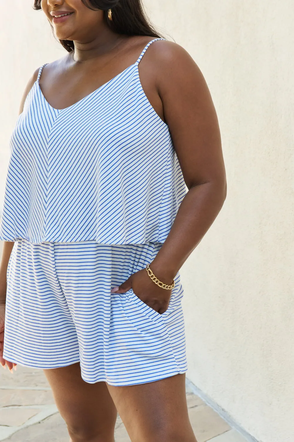 Let It Happen Double Flare Striped Romper in Cobalt Blue