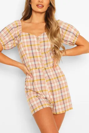 Linen Look Checked Puff Sleeve Romper