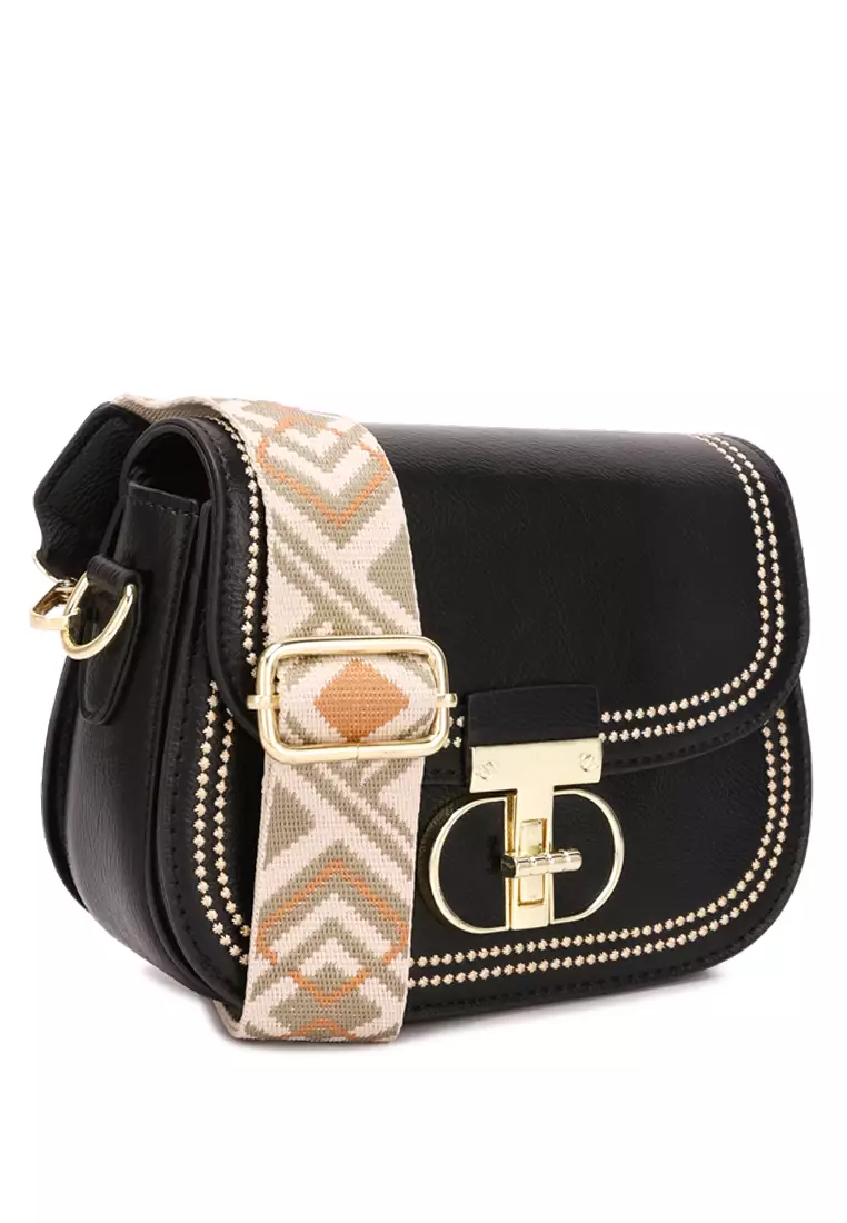 London Rag Black Geometric Strap Shoulder Bag