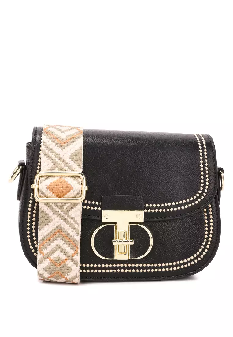 London Rag Black Geometric Strap Shoulder Bag