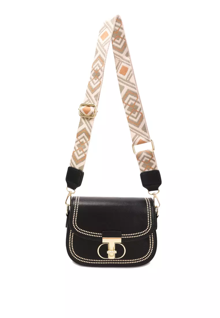 London Rag Black Geometric Strap Shoulder Bag