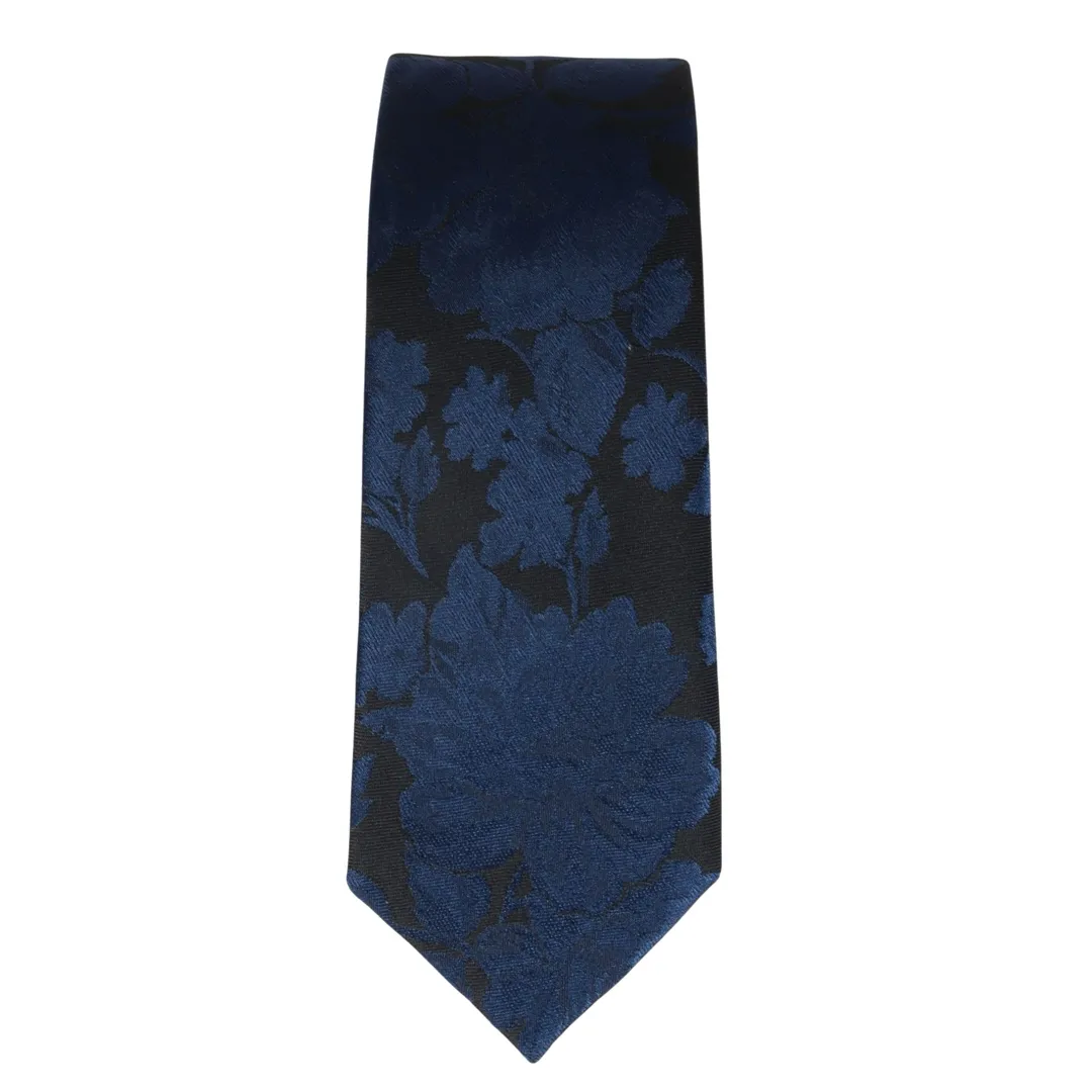 Men's Tie Pocket Sqaure Set Formal Floral Necktie - Navy