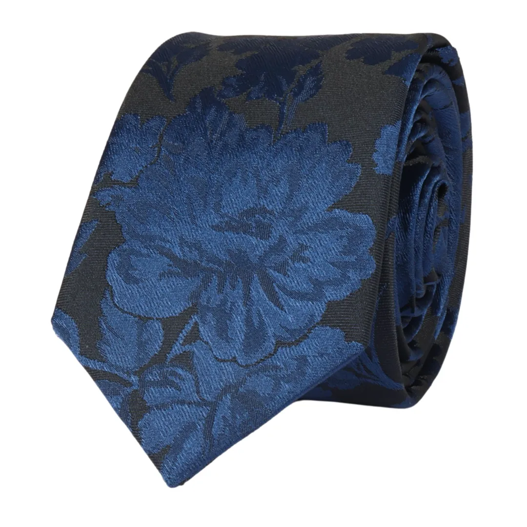 Men's Tie Pocket Sqaure Set Formal Floral Necktie - Navy