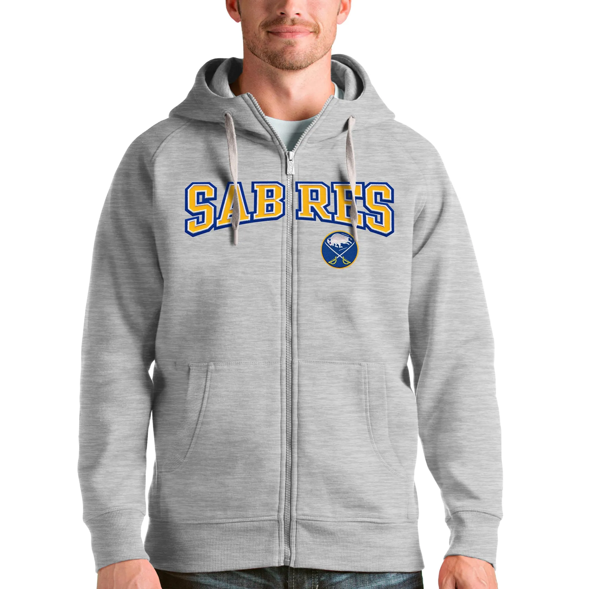 Men's Buffalo Sabres Antigua Heathered Gray Wordmark Victory Full-Zip Hoodie