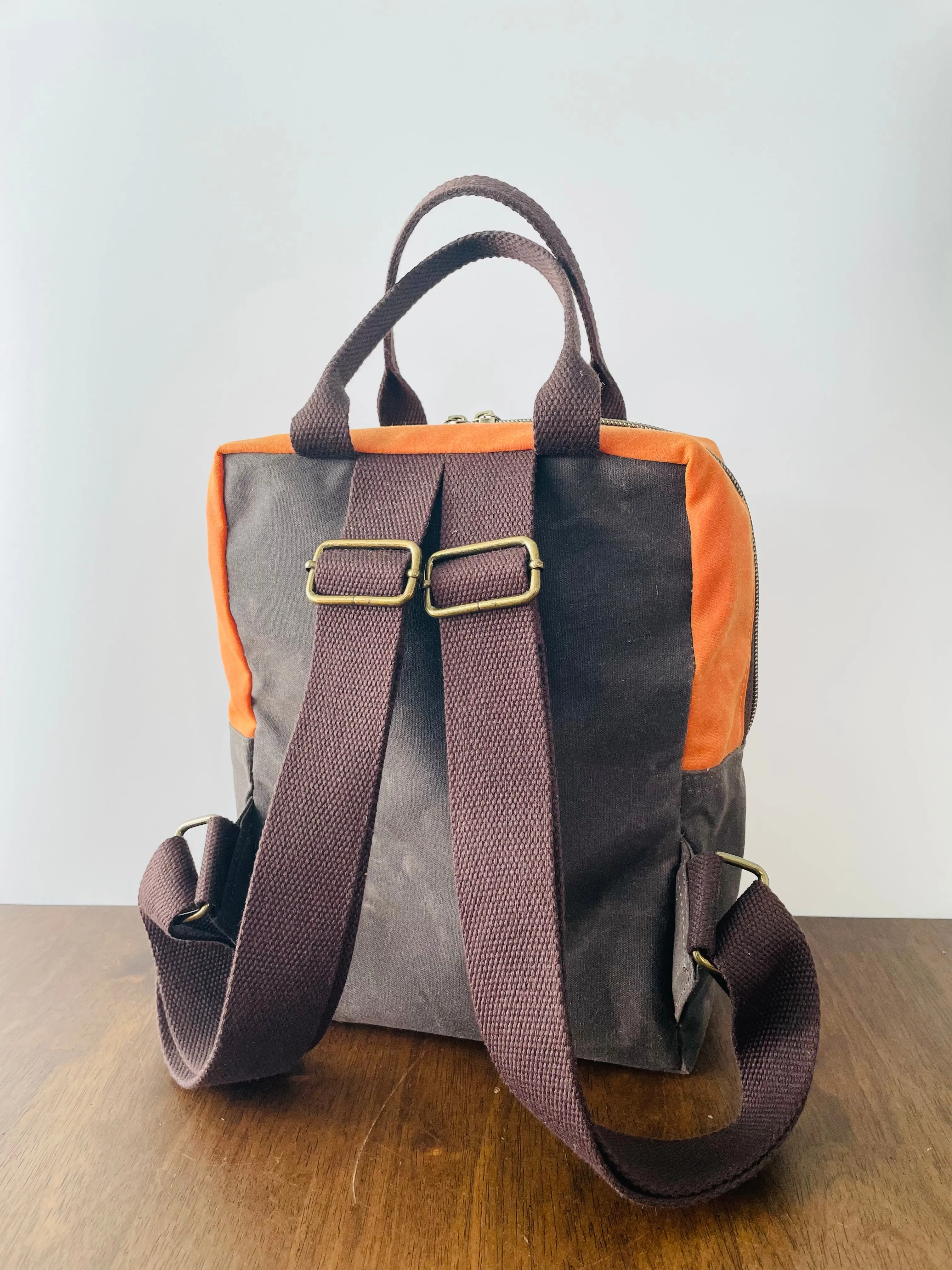 Mini Waxed Canvas Backpack, Orange and Brown