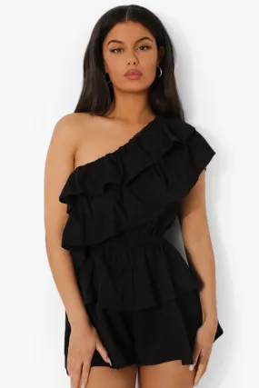 One Shoulder Frill Detail Cotton Romper