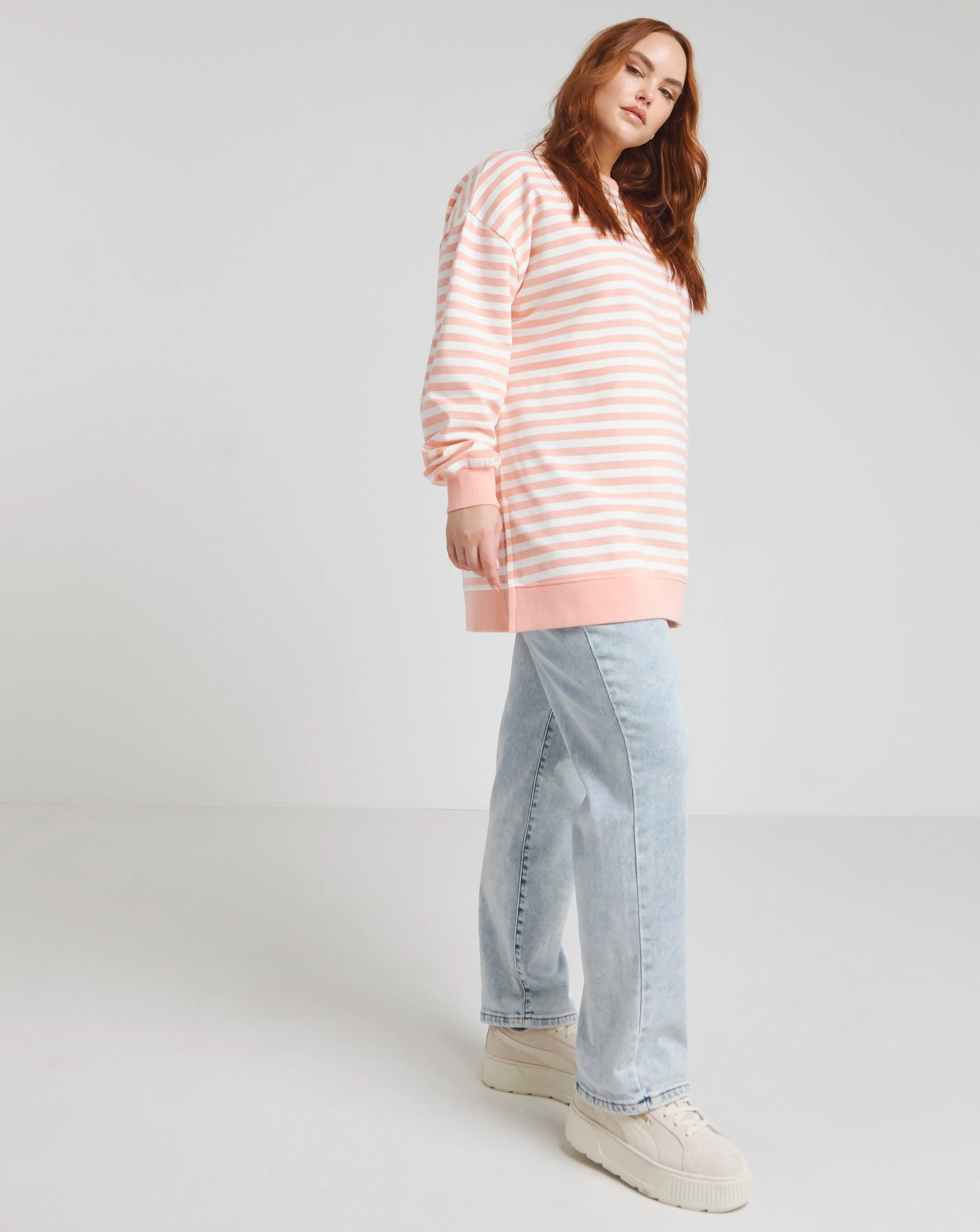 Peach & Ivory Stripe Side Split Sweatshirt Tunic | Simply Be