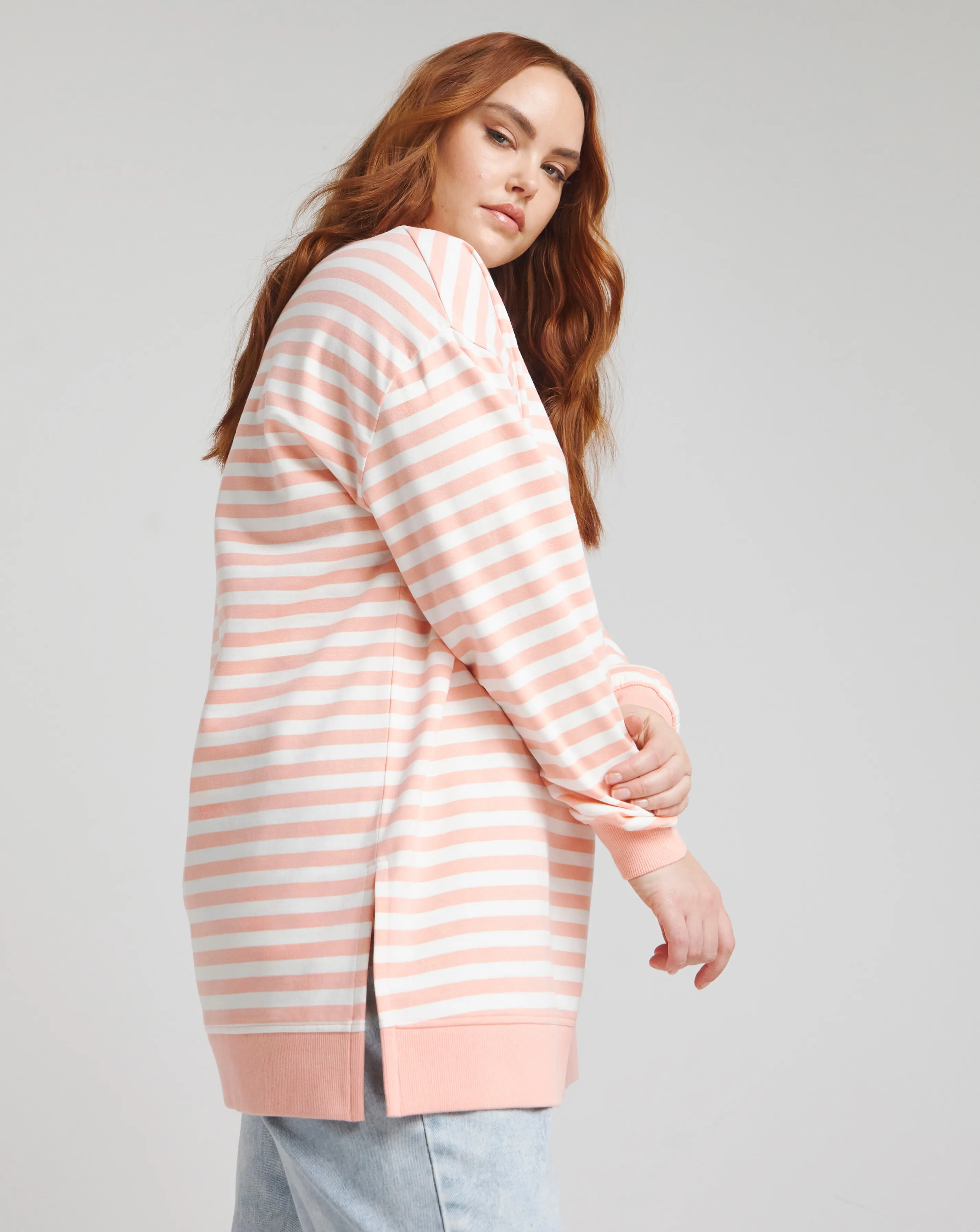 Peach & Ivory Stripe Side Split Sweatshirt Tunic | Simply Be