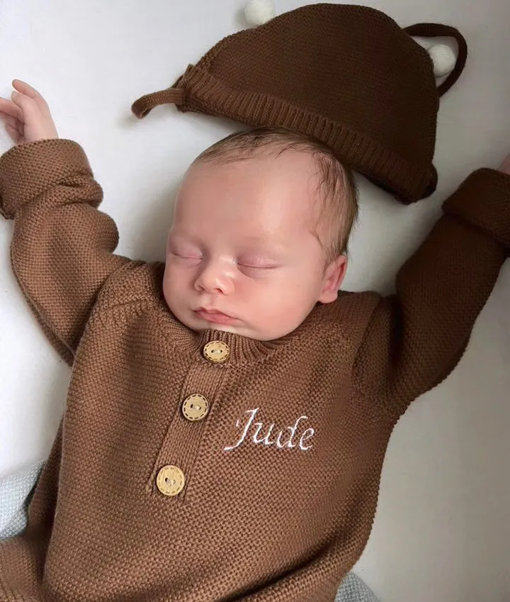 Personalised Embroidered knitted Romper and Hat Set