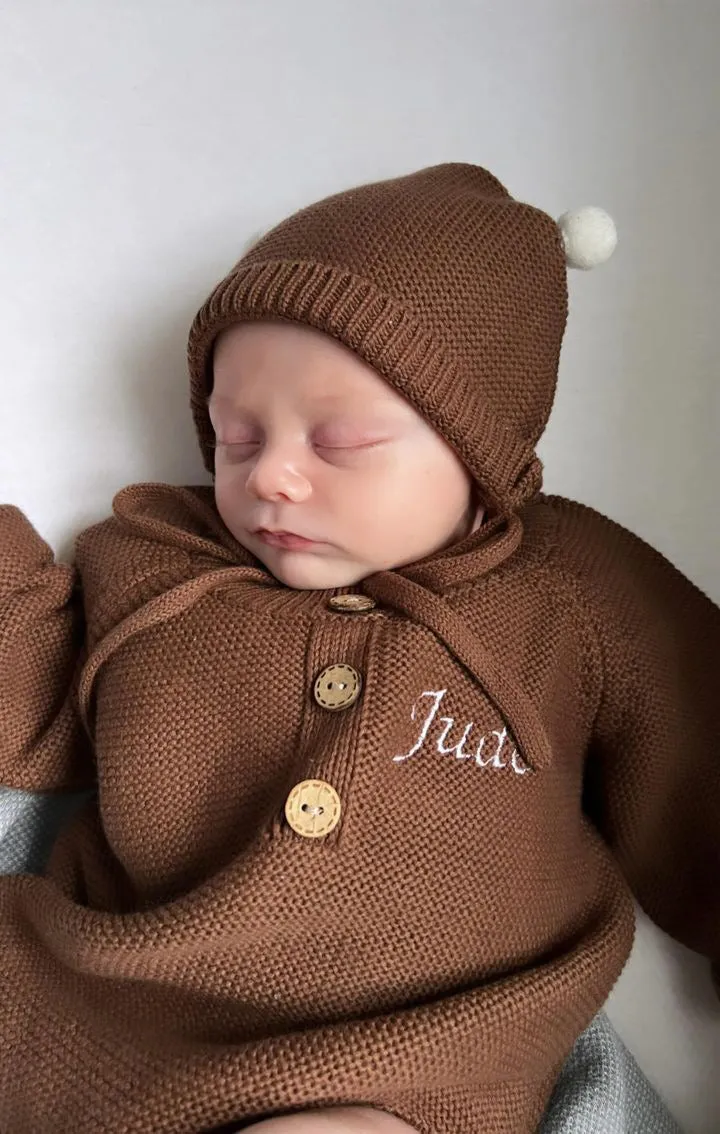 Personalised Embroidered knitted Romper and Hat Set