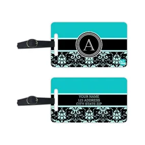 Personalized Designer Luggage Travel Baggage Tags Set of 2 - Blue Damask