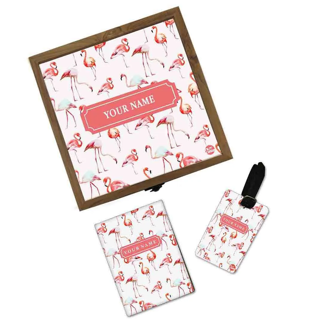 Personalized Passport Cover With Luggage Tag - Flamingos